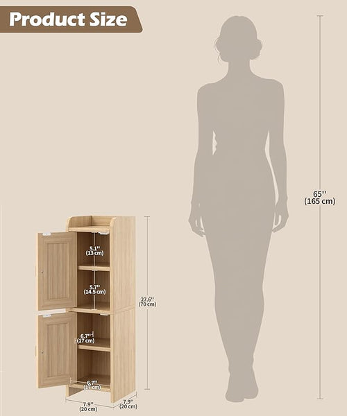 Akxomel Rattan Small Bathroom Cabinet with 2 Doors, 7.9''D x 7.9''W Narrow Toilet Paper Storage Cabinet, Bathroom Organizer for Small Spaces, Wooden Slim Corner Unit with Adjustable Shelf, Natural Oak