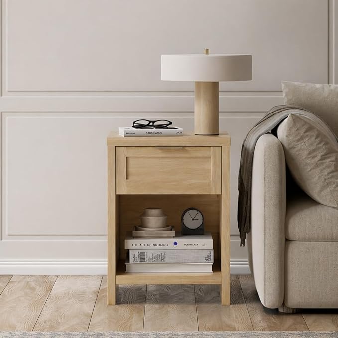 Walsham Natural Nightstand Boho Bedside Tables with Drawer and Storage Shelf Farmhouse Side End Tables for Bedroom Sofa, (Light Weathered Oak, 1 Set)
