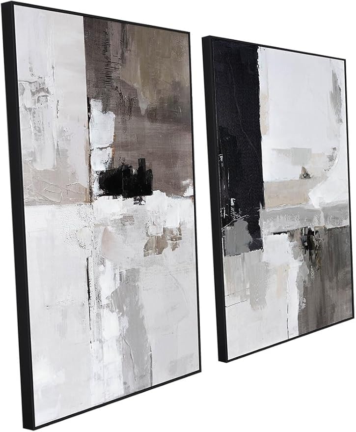 SAFERRYHOME Set of 2 Modern Grey and Black Abstract Wall Art - Framed Canvas Paintings for Living Room, Bedroom, Office Décor - 24x36 Inches Each