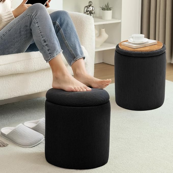 YSICK Round Ottoman with Storage, Set of 2, Small Vanity Stool as Vanity Chair, Corduroy Ottoman Foot Rest for Small Space, Living Room, Bedroom, Black