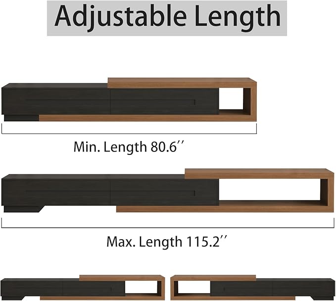 Extendable TV Stand with 2 Drawers, 80"-115" Modern Wood TV Console for Up to 120 Inch TV, Long Reversible Entertainment Center with Storage for Living Room Bedroom, Black& Walnut