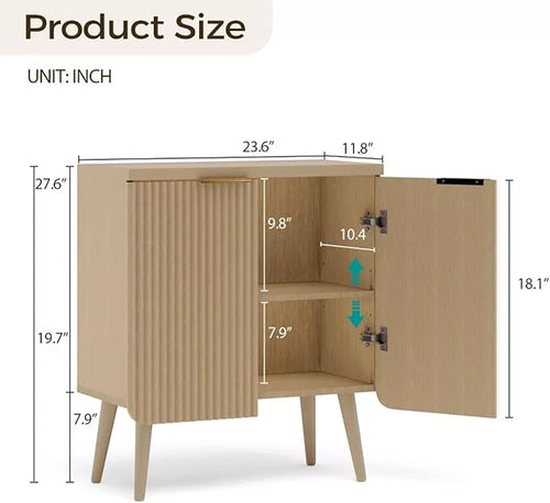 23.6" Modern Fluted Sideboard Cabinet with 2 Doors, Wood Storage Credenza with Shelves, Multi-Purpose Buffet Cabinet for Entryway, Dining & Living Room, Natural Wood