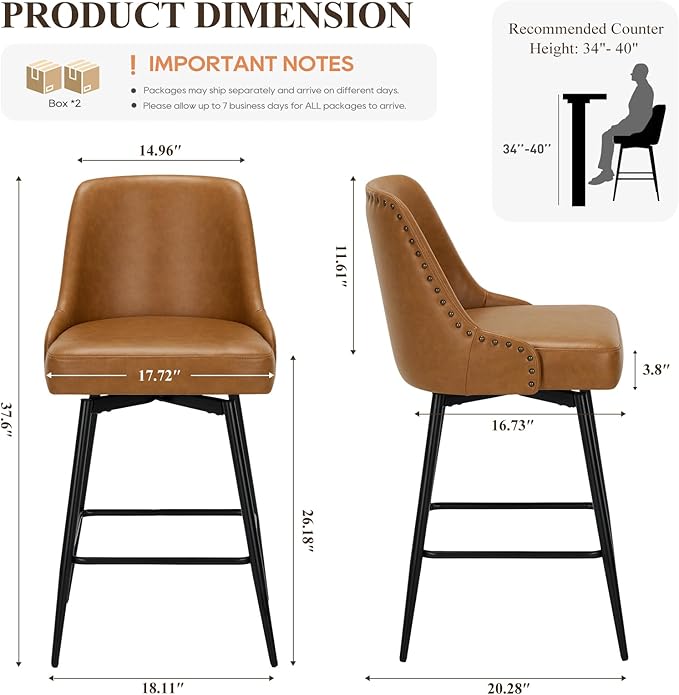 MALOL Bar Stools Set of 4, 26" Swivel Counter Height Chairs with Back,Thick Padded Seat & Footrest,Modern Faux Leather Barstool for Kitchen Island,Dining Room,Pub,Brown