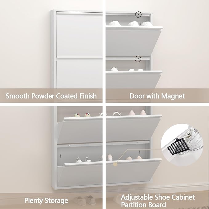 GREATMEET Slim Wall Mounted Shoe Cabinet, 6 Inch Narrow White Hidden Metal Shoe Storage with 4 Flip Drawers, Tall 57 Inch Steel Space Saving Organizer Rack for Entryway Hallway Small Spaces
