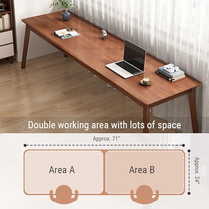NELYE Mid-Century Long Desk Table - 71" Simple Modern Extra Long 2-Person Wood Computer Workstation for Home Office Work in Walnut, 71" W x 24" D