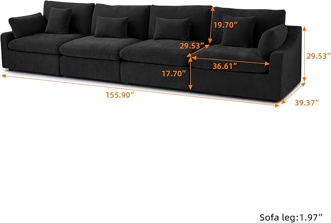 Modular Sectional Sofa Cloud Couch, 155.9" Oversized 4 Seater Sofa Couch with Pillows, Linen Blend Fabric Minimalist Deep Seat Couches for Living Room, Sofa Covers Washable&Removable, Black