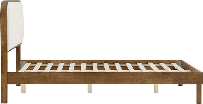 KISLOT Wood Bed Frame with Upholstered Headboard, Mid-Century Boucle Fabric Platform Modern Bed Mattress Foundation Noise-Free No Box Spring Needed Easy Assembly