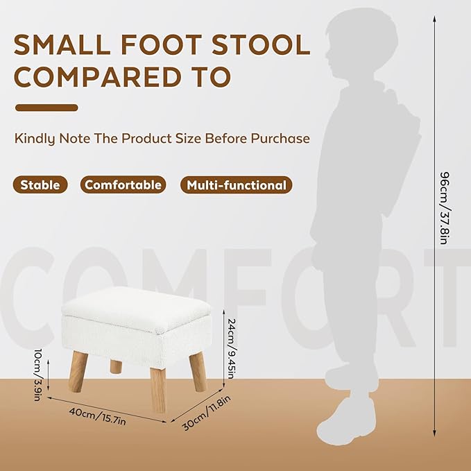 Storage Ottoman, Small Foot Stool Ottoman with Storage, Teddy Velvet Foot Rest with Wood Legs, Footstool for Living Room, Bedroom, Entryway, White