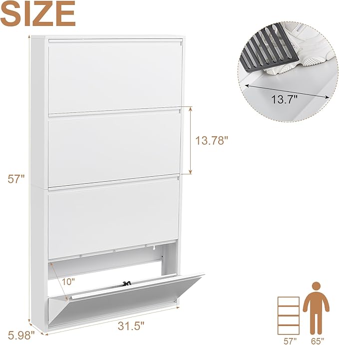 LUCYPAL Shoe Cabinet for Entryway,White Narrow Shoe Storage Cabinet with 4 Flip Drawers,Metal Slim Wall Mounted Shoe Cabinet for Entryway,Hallway,Living Room,White