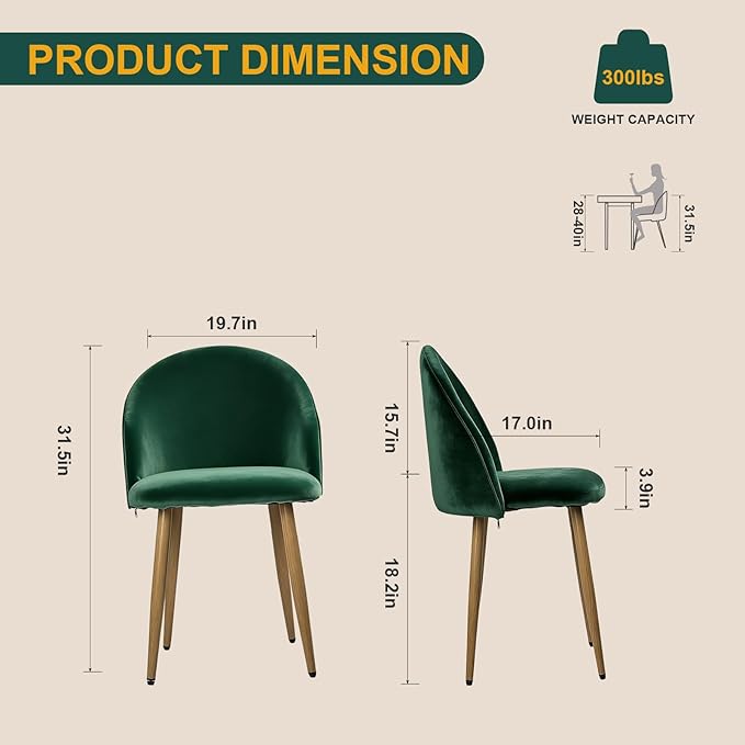 Dining Chairs Set of 2, Velvet Comfortable Seats, Mid-Century Modern Living Room Chairs, Upholstered Kitchen Chairs with Wooden Legs and Padded Seat for Bedroom Office Easy Assembly, Green