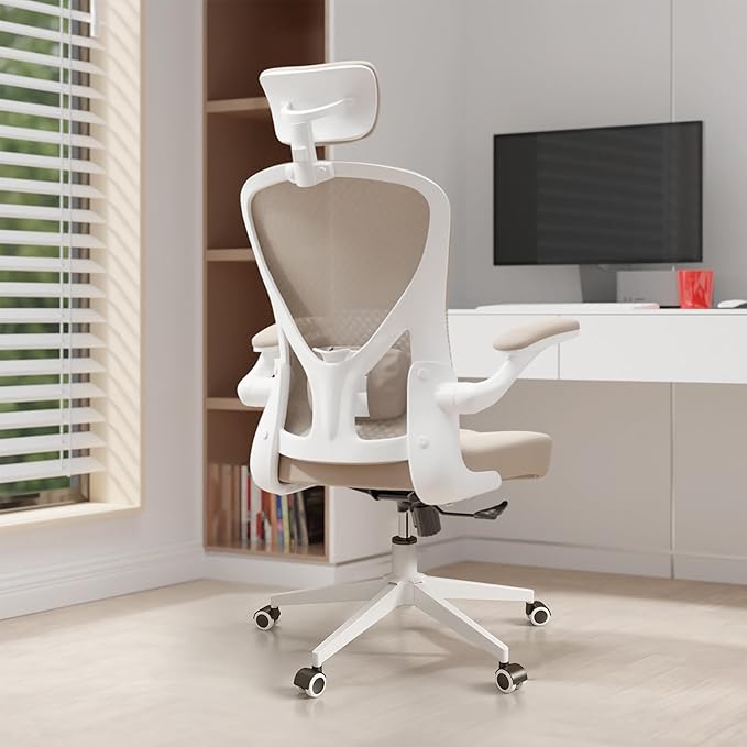 Ergonomic Office Chair with Adjustable Flip-Up Armrests & Lumbar Support - Thickened Cushion Desk Chair with Wheels, Comfy Home Office Computer Chair