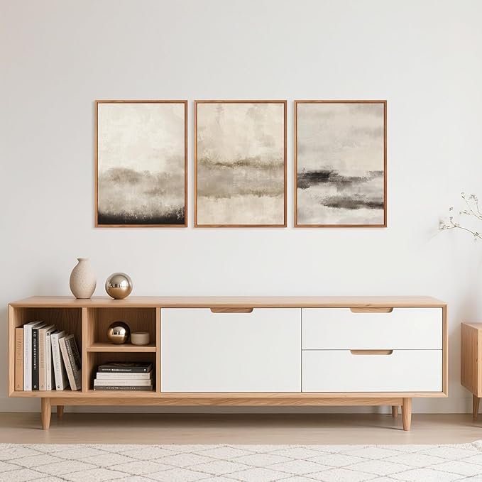 HPINUB Large Abstract Framed Canvas Wall Art Set,Minimalist Beige Gray Pastel Watercolor Wall Decor,Modern Illustration Neutral Art Painting for Living Room,Dining Room,Office(Set of 3,12X16 Inch)