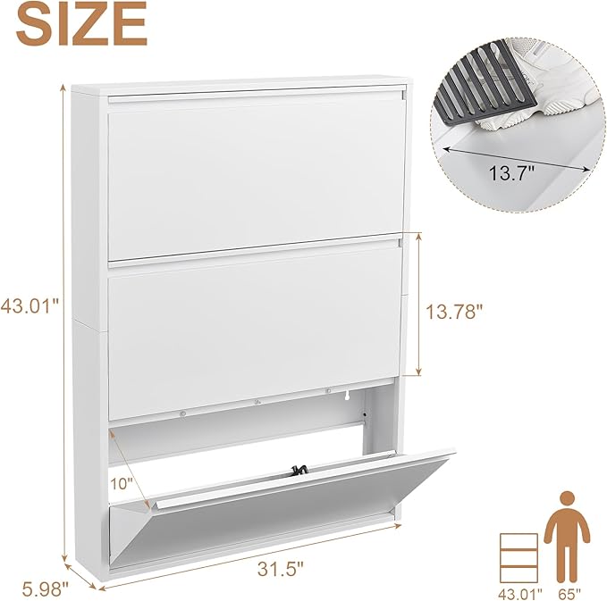 LUCYPAL Shoe Cabinet Storage for Entryway,Slim Wall Mounted Shoe Cabinet with 3 Flip Drawers Narrow Shoe Organizer for Entryway, Hallway, Living Room,White