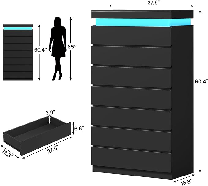 HAUOMS Tall 7 Drawer Dresser with LED Light, Black Modern Chest of Drawers for Bedroom,Closet Dressers with Drawers for Living Room, Entryway, Hallway