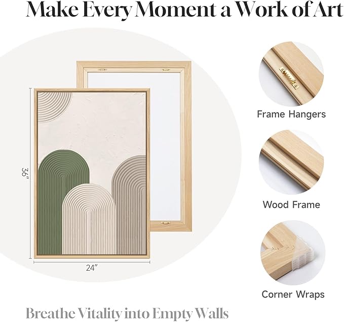 Framed Green Beige Abstract Wall Art for Living Room, 3 Piece Large Neutral Modern Minimalist Canvas Artwork for Walls, Boho Bauhaus Geometric Painting Prints for Bedroom Office Wall Decor, 24x36 Inch