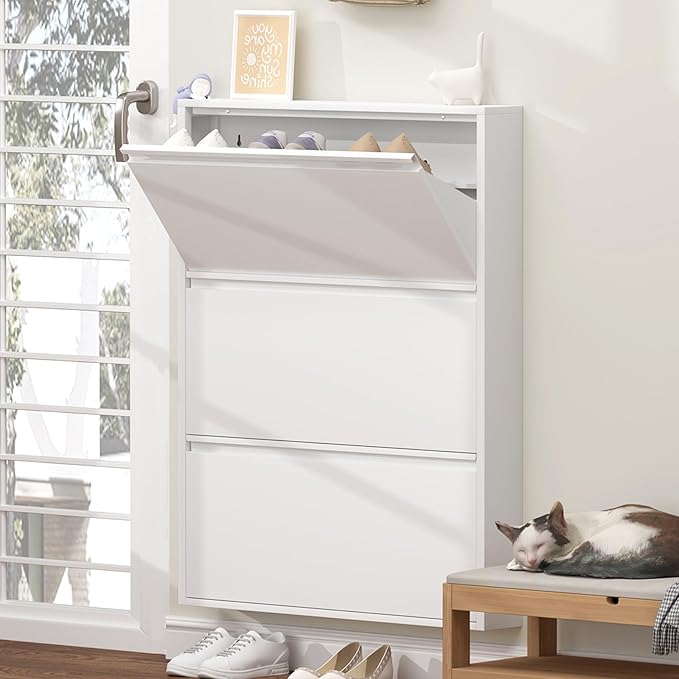 GREATMEET Slim Wall Mounted Metal Storage Cabinet with 3 Flip Drawers, Steel Hidden Shoe Cabinet Storage for Entryway, Modern Narrow Shoe Rack Organizer Cabinets for Entrance, Mudroom, Hallway, White