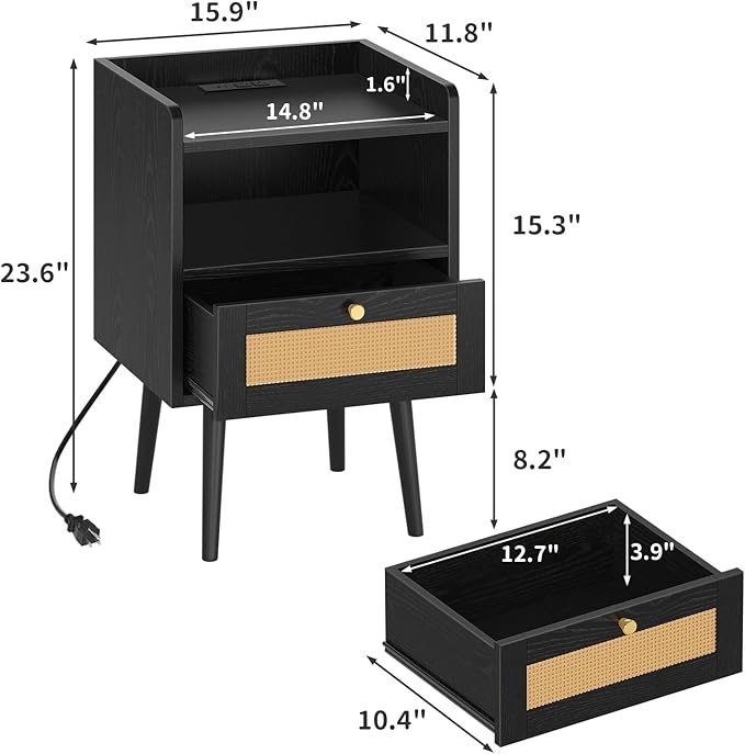 MECHYIN Night Stand Set 2, Nightstands Set of 2 with Charging Station, Rattan Side Tables with Solid Wood Legs, Boho Bedside End Table for Apartment Bedroom Dorm Small Space - Black