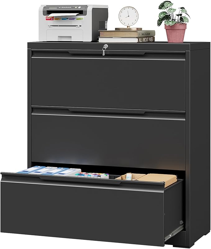 3 Drawer Lateral File Cabinet with Lock, Heavy-Duty Metal Filing Cabinet for Home Office, Steel Storage Compatible with Hanging Files Letter/Legal/F4/A4 Sizes, Black