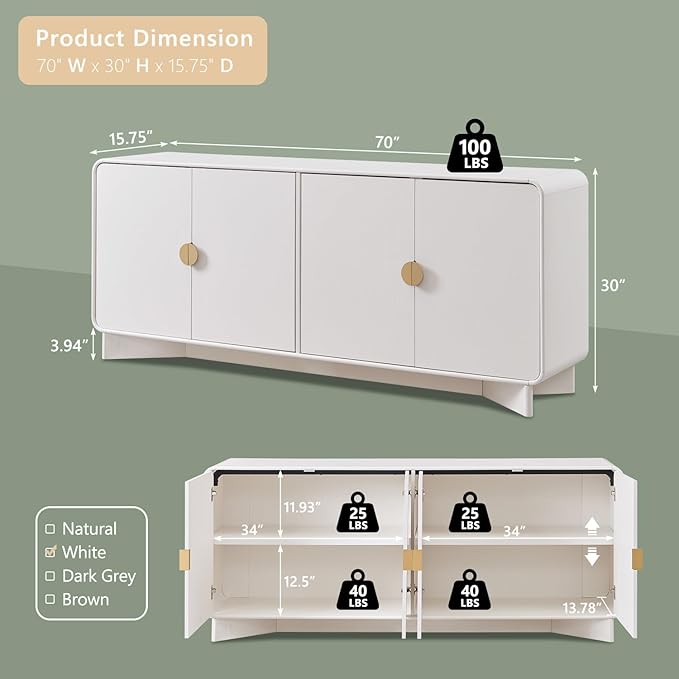 IFGET Modern Buffet Cabinet with Storage, 70" Large Sideboard Buffet Storage Cabinet with 4 Doors and Adjustable Shleves, Wooden Curved Coffee Bar for Dining Room, Kitchen, Living Room, White