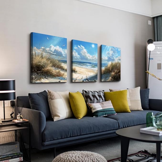 TTHYUEWS Wall Art For Living Room Canvas Wall Decor For Bedroom Bathroom Decorations Blue Ocean Beach Wall Painting Sea Wave Wall Pictures Artwork for office Modern Home Decor Ready To Hang 3 Piece