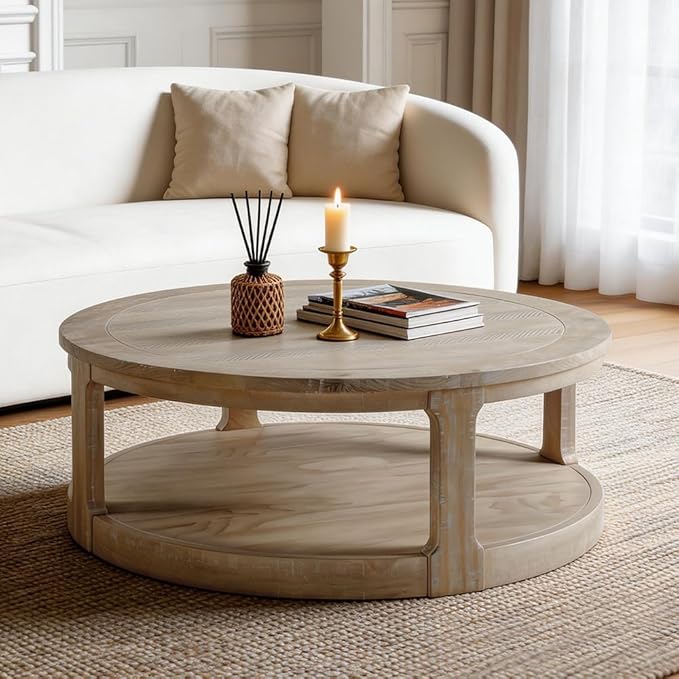 WILLIAMSPACE 40" Round Coffee Table with Wheels, Circle 2 Tier Solid Wood Center Coffee Table, Mid Century Retro Farmhouse Rounded End Table for Living Room Apartment, ø40 x 17.52" H (Oak)
