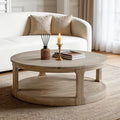 WILLIAMSPACE 40" Round Coffee Table with Wheels, Circle 2 Tier Solid Wood Center Coffee Table, Mid Century Retro Farmhouse Rounded End Table for Living Room Apartment, ø40 x 17.52" H (Oak)