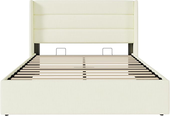 SHA CERLIN Full Size Lift Up Storage Bed/Chenille Fabric Upholstered/Modern Wingback Headboard/Platform Bed Frame/Hydraulic Storage/No Box Spring Needed/Wood Slats Support/Cream