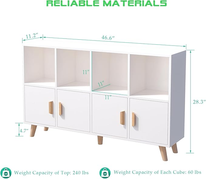 OSCHF Cubby Shelf Bookcase with Doors - Wooden 8 Cube Floor Standing Open Bookshelf with Solid Wood Legs, 2-Tier Low Storage Cabinet, Warm White