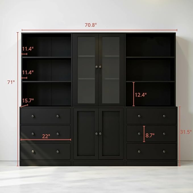 TUSY 71" H Bookshelf with Storage, 6-Tier Modern Bookshelves with 3 Large Drawer, Display Bookcase with Glass Doors, Modern 5-Tier Curio Cabinet for Home Office, Dining Room (Black, ABA)