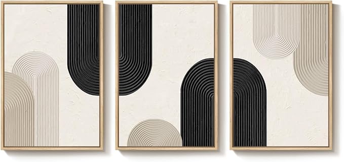 Large Framed Boho Neutral Abstract Wall Art for Living Room, 3 Piece Black and Beige Canvas Prints Artwork for Walls, Modern Minimalist Geometric Wall Decor for Bedroom Dining Room Hallway, 24x36 In