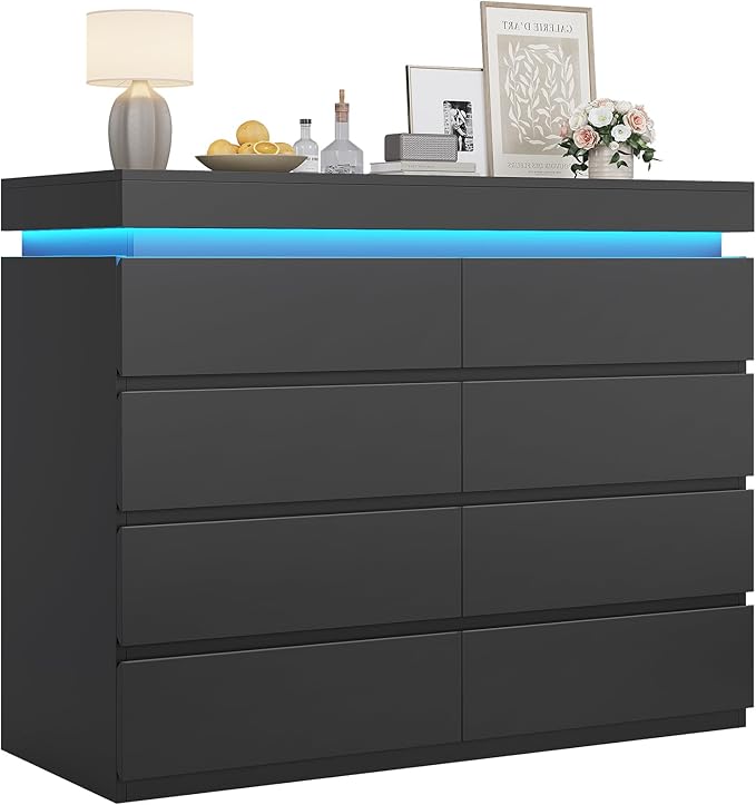 HAUOMS 8 Drawer Dresser with LED Light, Black Modern Chest of Drawers for Bedroom,Closet Dressers with Drawers for Living Room, Entryway, Hallway