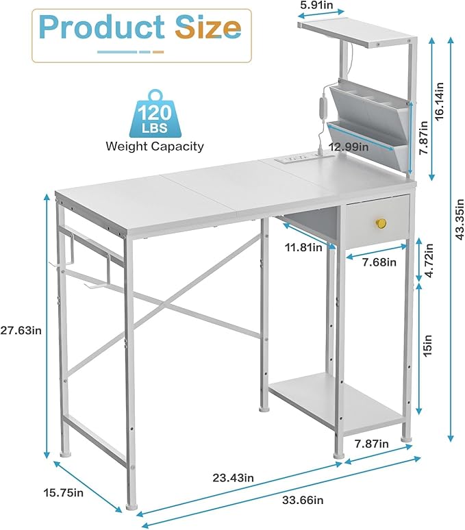 Jakyitvi 33.7" Computer Desk with Power Outlets, LED Lights & Drawer, Small Office Desk with Storage Bag & Hooks, Gaming Desk for Bedrooms or Home Office, Compact Study Desk for Small Spaces，White