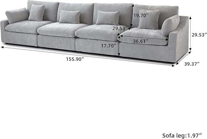 Modular Sectional Sofa Cloud Couch, 155.9" Oversized 4 Seater Sofa Couch with Pillows, Linen Blend Fabric Minimalist Deep Seat Couches for Living Room, Sofa Covers Washable&Removable, Grey