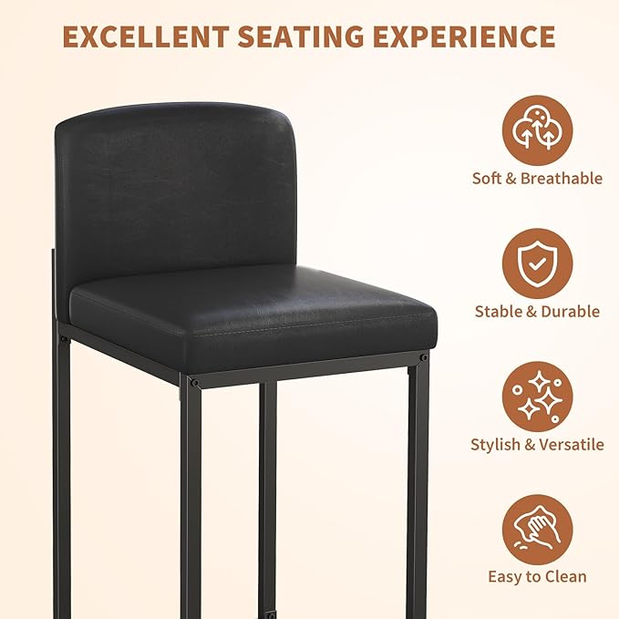 GarveeHome Bar Stools Set of 4, Modern Counter Height Bar Stools with Back and Footrest, Faux Leather Upholstered Barstools Chairs for Kitchen Island Dining Room Bar, Black