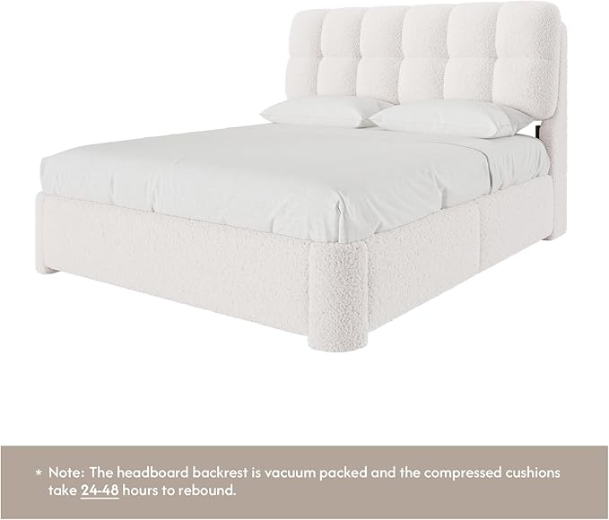 DICTAC Boucle Full Size Bed Frame with Headboard, Modern Upholstered Platform Bed Frame Full with Rounded Corners, Soft Cloud beds, Wood Slats Support, No Box Spring Needed, Easy Assembly, Cream