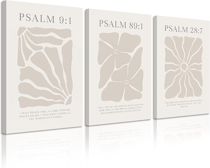 Scripture Christian Wall Art Set of 3 Beige Bible Verses Wall Decor Neutral Psalm Canvas Wall Art Modern Pictures Flower Prints Christian Artwork for Living Room Bedroom 16x24 Inch Ready to Hang