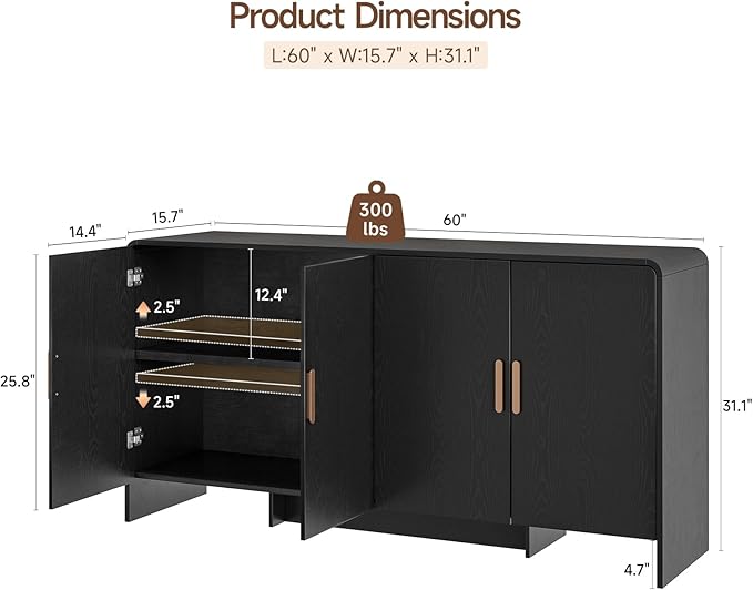 ONBRILL 60" Sideboard Buffet Cabinet with Storage, Curved Design Farmhouse Modern Coffee Bar Cabinet with 4 Doors & Adjustable Shelves for Living Room, Kitchen, Hallway, Black