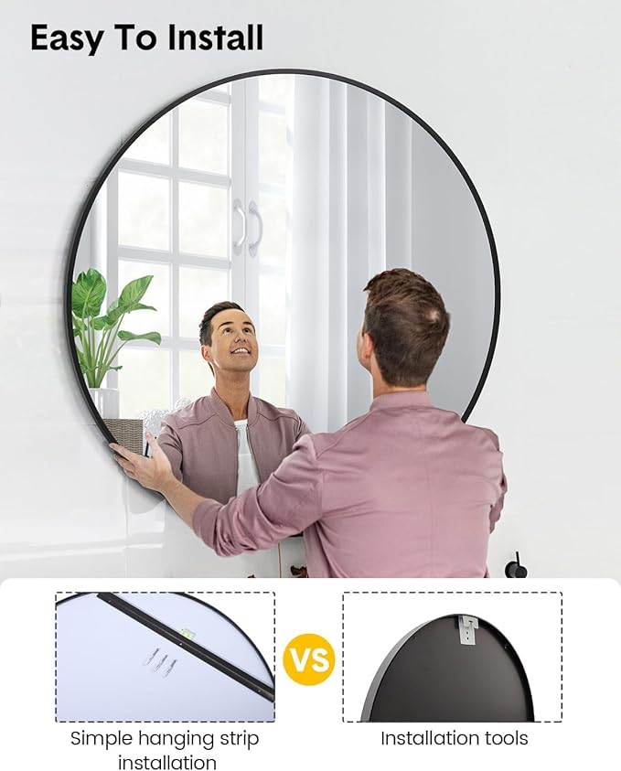 GarveeTech 20 Inch Black Circle Wall Mirror, Modern Round Metal Framed Mirror for Bathroom, Entryway, Living Room, Bedroom, Dining Room, Hallway, Decorative Home Décor, Easy Mount