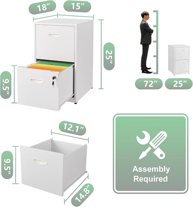 Polup 2 Drawer File Cabinet with Lock, White Filing Cabinets for Home Office, Metal Locking File Cabinet with Two Drawers, Light Duty File Storage Cabinet for Letter Size - Assembly Required