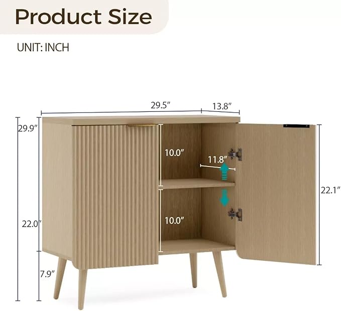 29.5" Modern Fluted Sideboard Cabinet with 2 Doors, Wood Storage Credenza with Shelves, Multi-Purpose Buffet Cabinet for Entryway, Dining & Living Room, Natural Wood