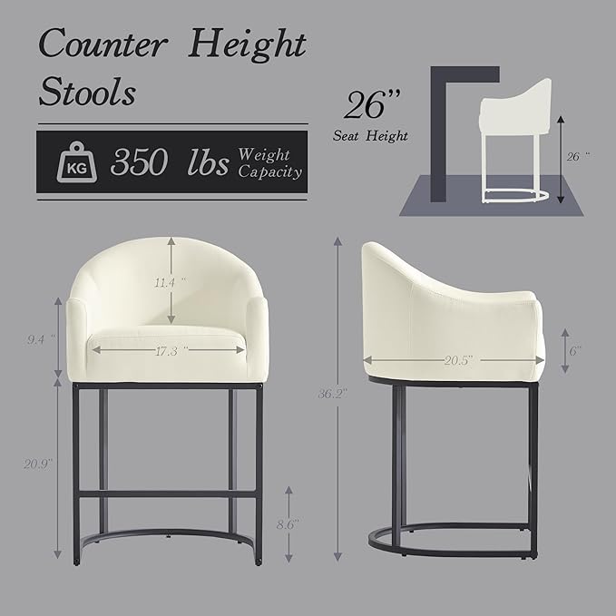 Counter Height Bar Stools Set of 3,Modern Counter Height Bar Stools,Fabric Upholstered Barrel Barstools with Backs,26'' Kitchen Island Chairs,Metal Black Frames,Off White Linen