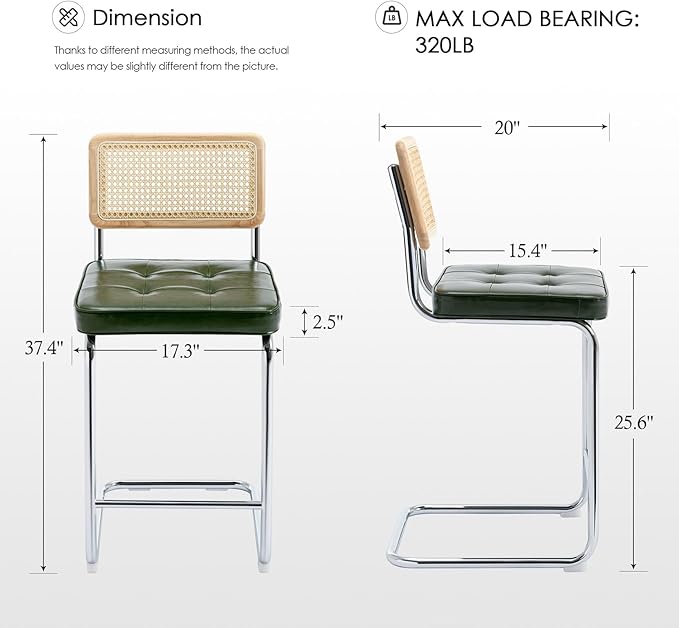 Zesthouse Rattan Counter Stools Set of 3, 26" Mid Century Modern Bar Stools with Natural Cane Mesh & Chrome Base, Green Faux Leather Counter Height Barstools, Boho Island Chairs for Kitchen Counter