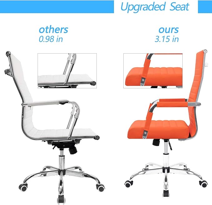 Furmax Ergonomic Office Desk Chair, Executive Ribbed Mid-Back PU Leather Conference Room Chair Adjustable Swivel Chair with Arms (2, Orange)