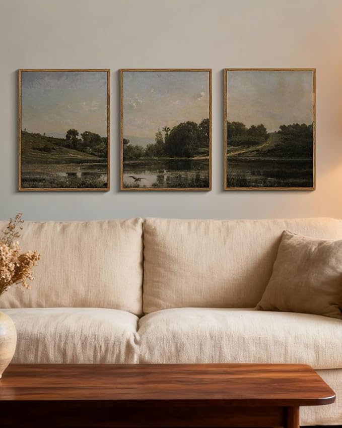 Vintage Framed Landscape Wall Art Set of 3 12x16 Countryside Lake Canvas Painting, Rustic Tranquil Hillside Meadow Views Nature Scenery Print, Classic Pastoral Living Room Bedroom Farmhouse Decor
