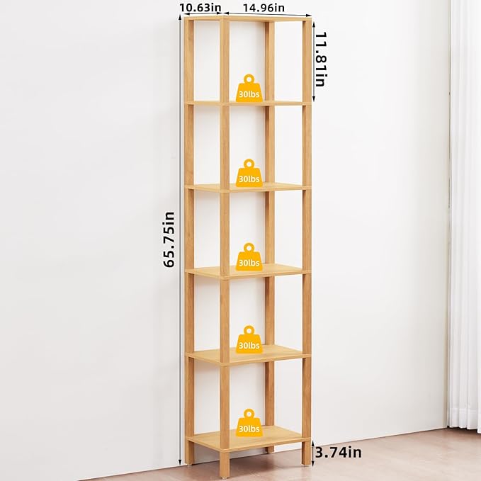 YUFAM 66in Tall Bookshelf 6-Tier Small Narrow Bookcase, Skinny Book Shelf for Small Space, Farmhouse Slim Shelf with Storage, Wood Freestanding Display Thin Bookshelves for Living Room, Natural