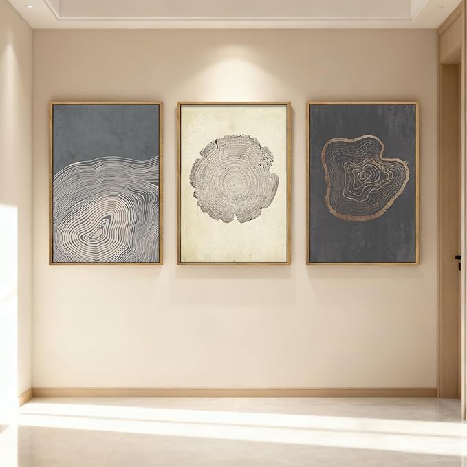 Anyzal Extra Large Neutral Tree Ring Framed Wall Art 24x36 Inch Modern Wood Ring Canvas Wall Decor Modern Minimalist Wood Artwork Set of 3 for Living Room Bedroom Dining Room