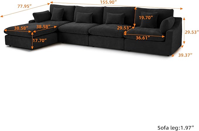 155.9" L Shape Cloud Modular Couches for Living Room, Modern Sectional Sofa with Chaise Ottomans, Deep Seat Couch Cushion Covers Washable&Removable, Sectional Sofas for Home Office Apartment (Black)