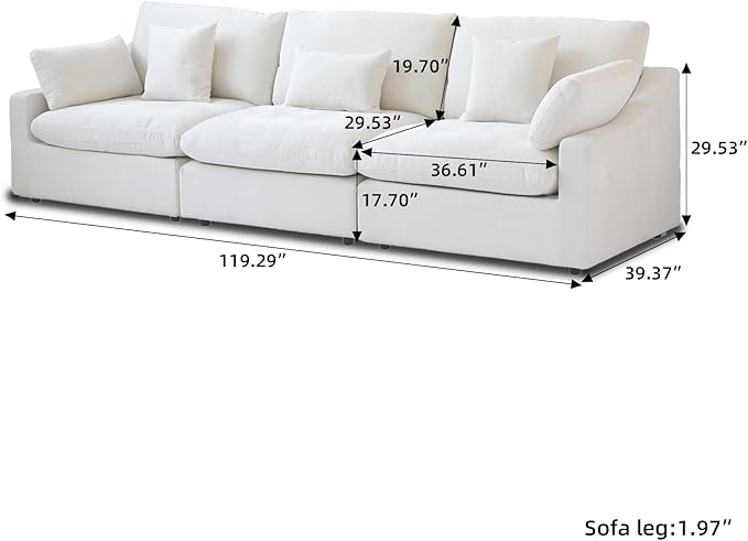 Modular Sectional Sofa Cloud Couch, 119.29" Oversized 3 Seater Sofa with Pillows, Linen Blend Fabric Minimalist Deep Seat Sofa Couches for Living Room, Sofa Covers Washable&Removable, White