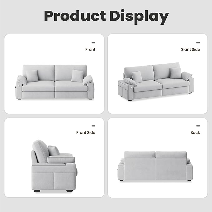 88.58" 3 Seats Deep Seat Sofa Couch, Light Grey | USB/Type-C Port, Side Storage, Removable Cover, Wide Armrest, For Small Space