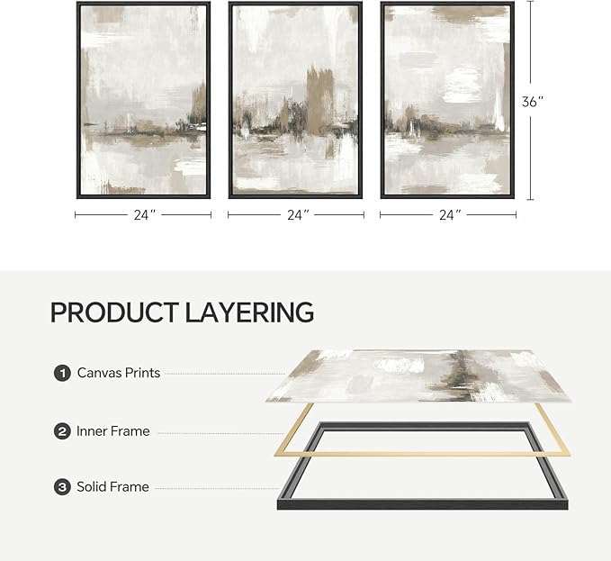 Large Framed Neutral Abstract Wall Art for Living Room, 3 Piece Modern Beige Brown Canvas Artworks, Minimalist Painting Prints for Entryway Hallway Home Office Wall Decor, 24x36 In